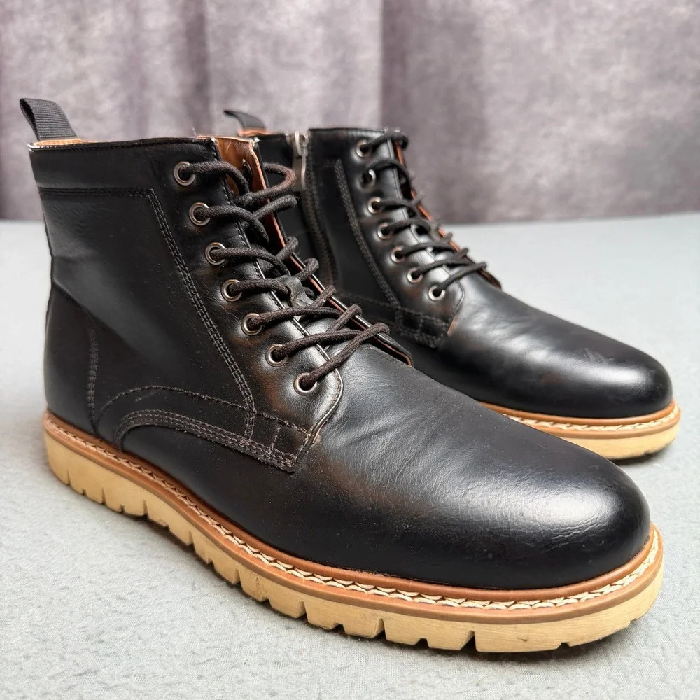 Mens Black Faux Leather Lace Up Side Zip Combat Boots Tan Lug Sole Size 9M